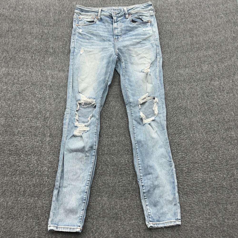 American Eagle Hi Rise Blue Denim Jegging Distressed Light Wash Size 12 Long